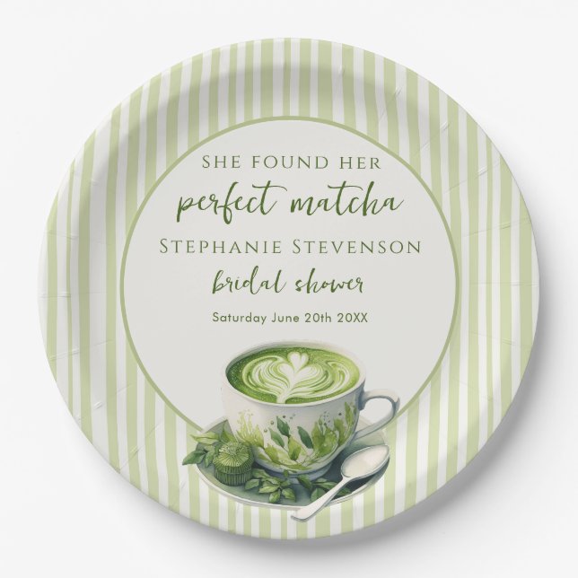 Stripes She Found Her Perfect Matcha Bridal Shower Paper Plate (Front)