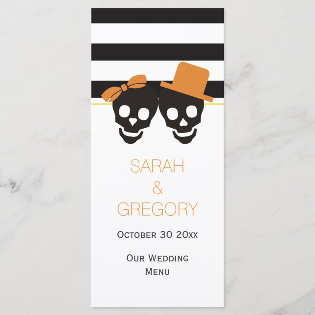 Stripes, skull couple Halloween wedding menu card (Front)