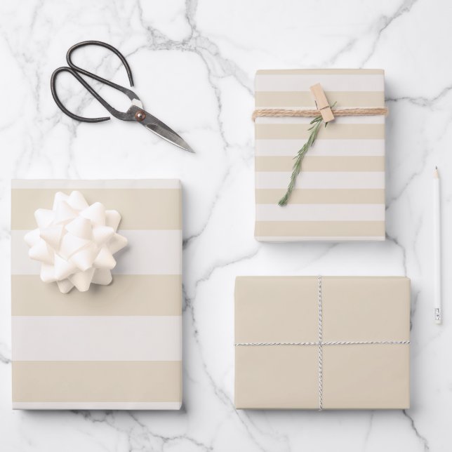 Stripes / Solid Beige Ivory Wrapping Paper Sheets (Front)