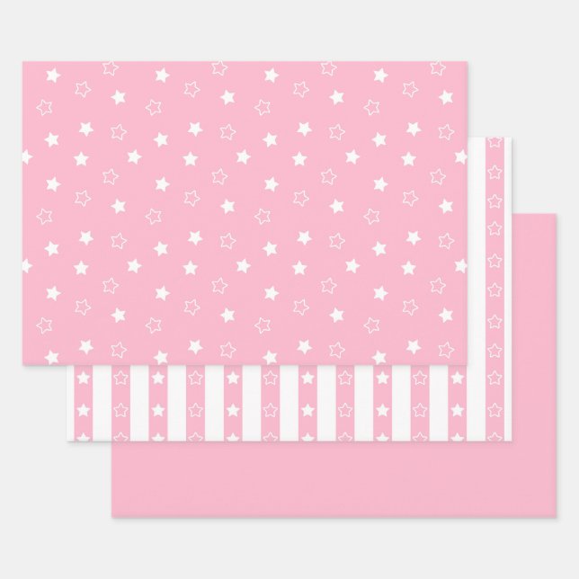 Stripes & Stars Pattern - Pink Wrapping Paper Set (Set)