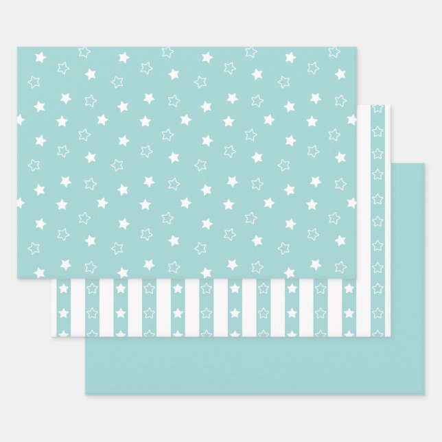 Stripes & Stars Pattern Teal Wrapping Paper Set (Set)