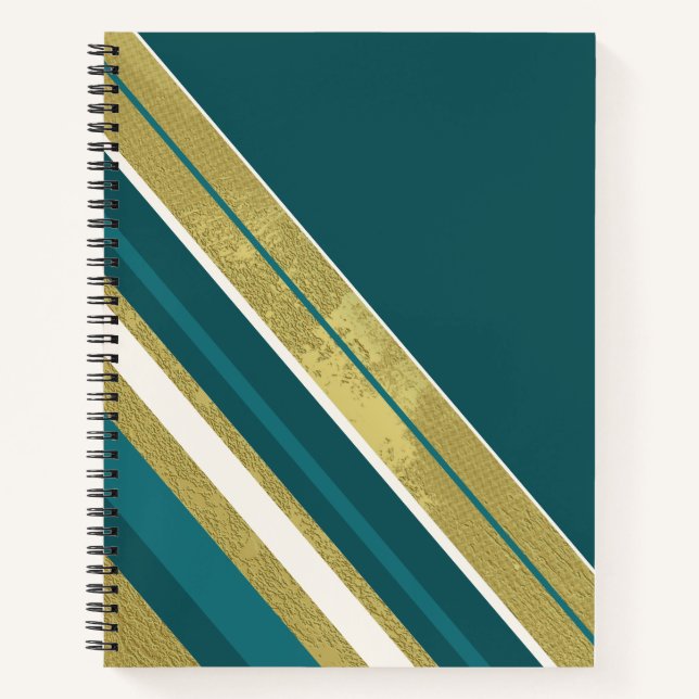 Stripes Teal Gold Cream on Dark Teal  Notebook (Front)