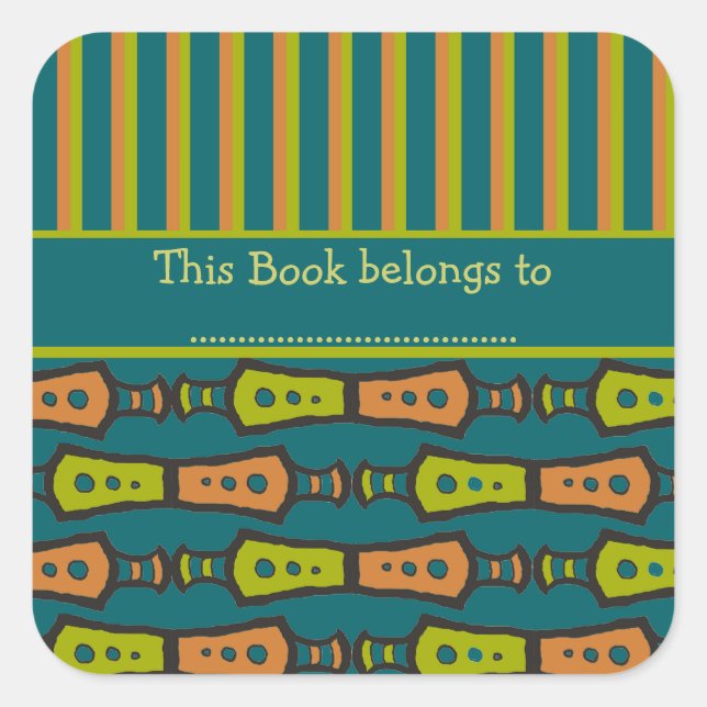 Stripes, Tribal Pattern, Teal: Stick-on Bookplates Square Sticker (Front)