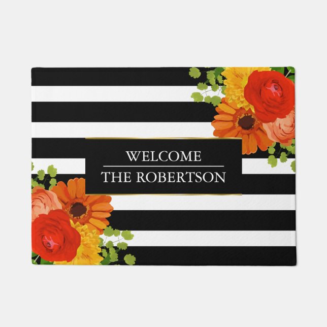 Stripes With Colourful Flowers Doormat (Front)