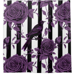 Stripes With Purple Roses and Crows Shower Curtain
