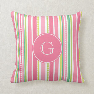 Stripey beads pink and green monogram throw pillow