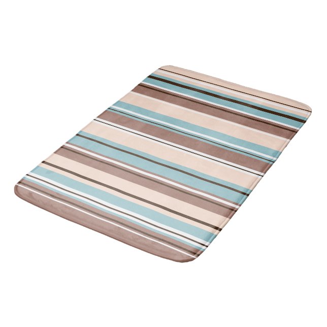 Stripey Design Vertical Browns Blue Cream & White Bath Mat (Angled)