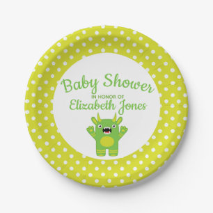 Stripey Green Little Monster Baby Shower Paper Plate