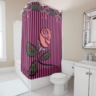 Stripped pink bow  black floral showercurtain shower curtain