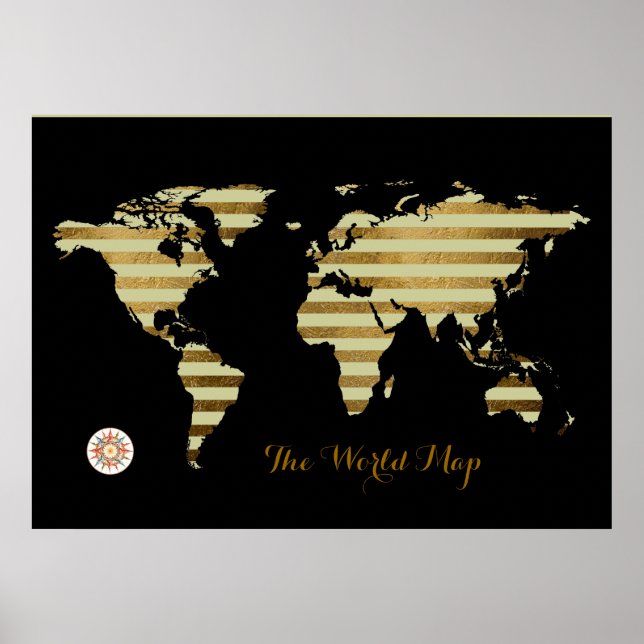stripy golden colour world map poster (Front)