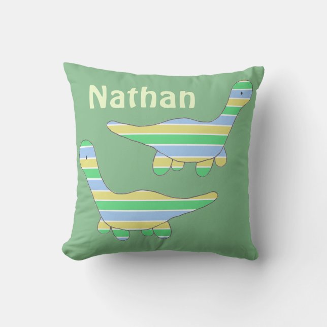 Stripy Green Dinosaur Personalised Cushion (Front)