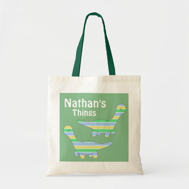 Stripy Green Dinosaur Personalised Kids Tote Bag (Front)