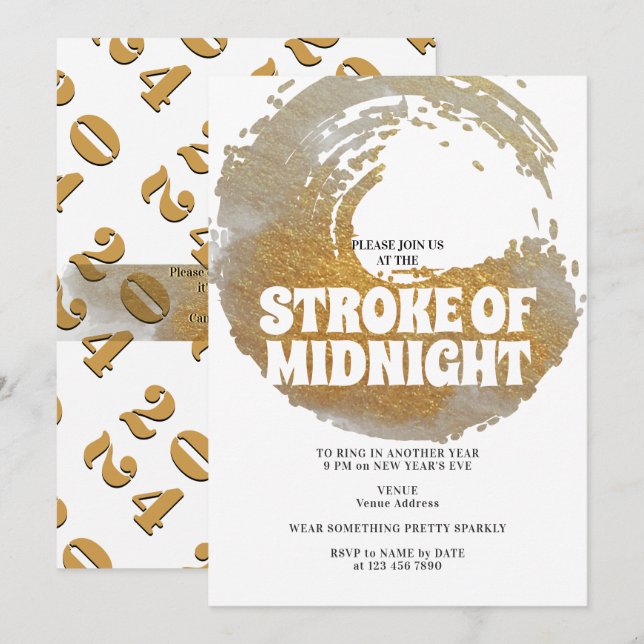 Stroke of Midnight Party Black Gold New Year's Eve Invitation (Front/Back)