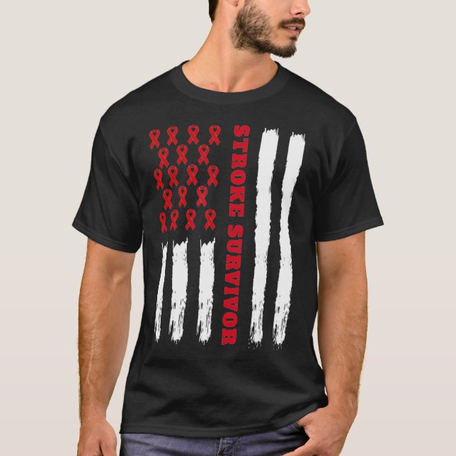 Stroke Survivor American Flag Red Ribbon  T-Shirt (Front)