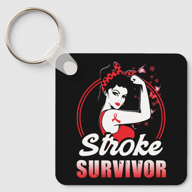 Stroke Survivor Stroke Awareness Red Ribbon Brain  Key Ring (Front)