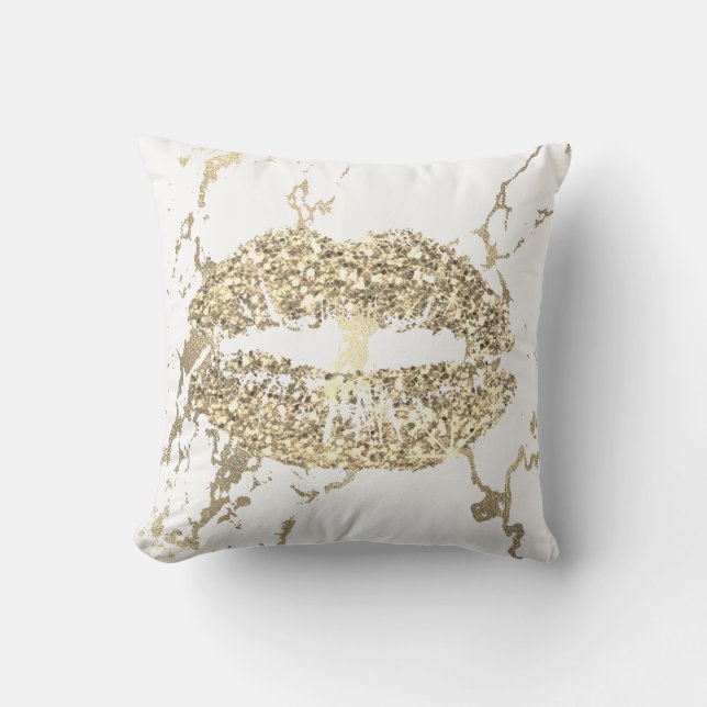 Strokes Gold Glitter Kiss Lips Makeup White Marble Cushion (Front)