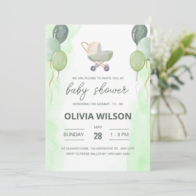 Stroller Baby Shower Invite, Boho Gender Neutral Invitation (Standing Front)