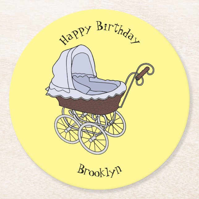 Stroller cartoon illustration round paper coaster (Front)