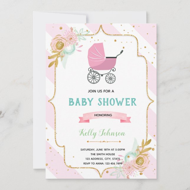 Stroller floral baby shower invitation (Front)