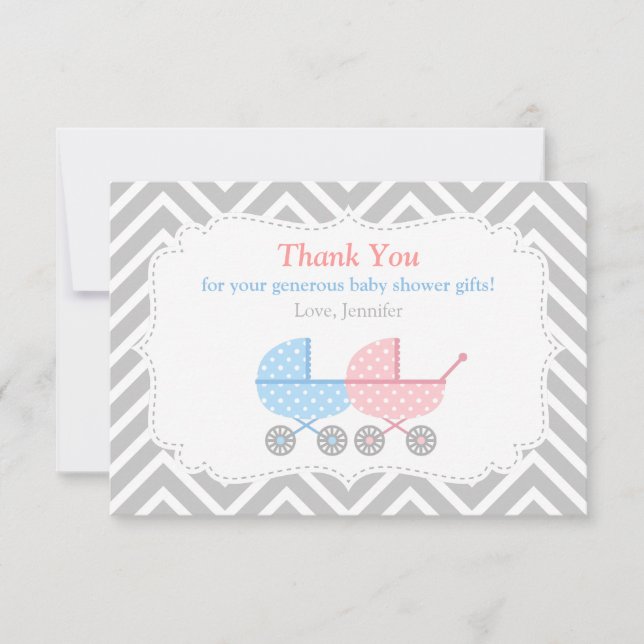 Strollers Twins Baby Shower Thank You Card (Front)