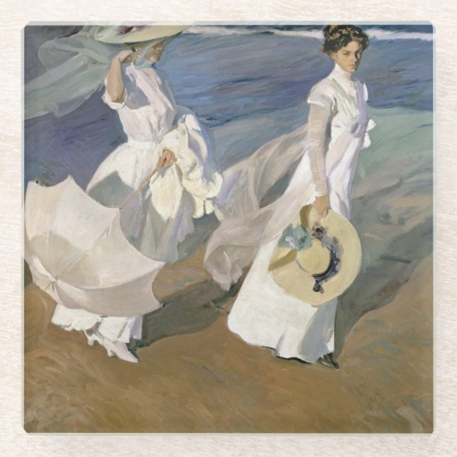 Strolling along the Seashore, 1909 Glass Coaster (Front)