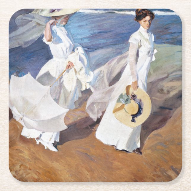 Strolling along the Seashore by Joaquin Sorolla Square Paper Coaster (Front)