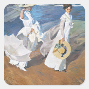 Strolling along the Seashore, Joaquín Sorolla  Square Sticker