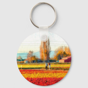 Strolling Through Gold and Red Tulip Fields Key Ring