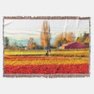 Strolling Through Gold and Red Tulip Fields Throw Blanket