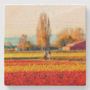 Strolling through Red and Gold Tulip Fields Stone Coaster