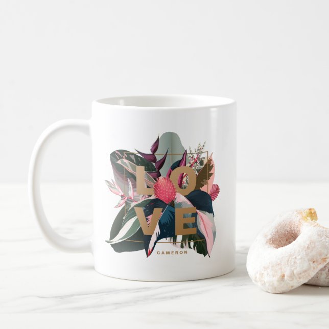 Stromanthe, Rubber Fig and Pink Philodendron Love Coffee Mug (With Donut)