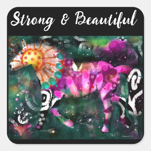 Strong Beautiful Abstract Whimsical Horse Painting Square Sticker (Front)