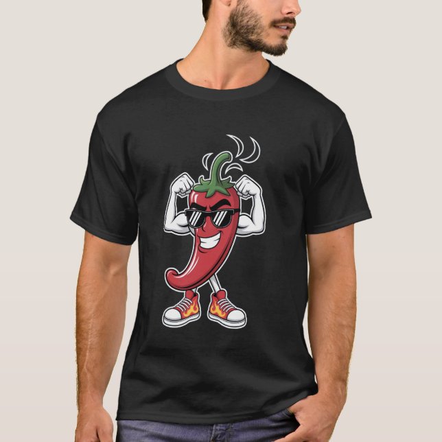Strong Chilli Pepper Flexing Muscles with Cool Sun T-Shirt (Front)