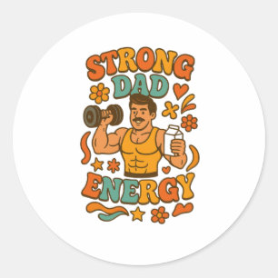 Strong Dad Energy – Groovy Muscular Dad Gym Father Classic Round Sticker