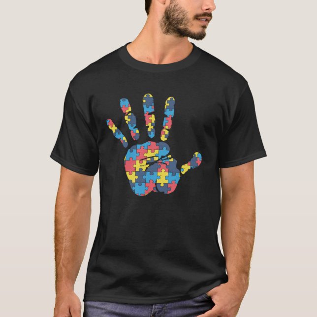 Strong Hand Puzzle Respect Love Support Autism Awa T-Shirt (Front)