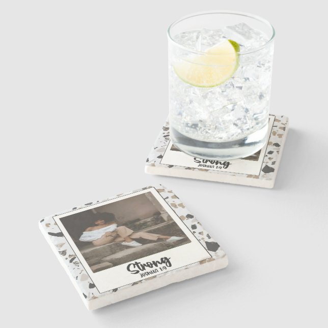Strong Joshua 1:9 Terrazzo Pattern Stone Coaster (Side)