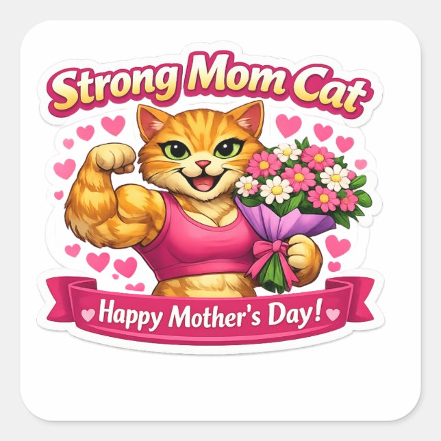 Strong Mum Cat Sticker – Funny Fitness Gift (Front)