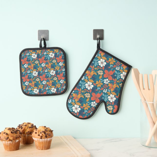 Strong Summer Floral Pattern Oven Mitt & Pot Holder Set (Insitu(Hanging))