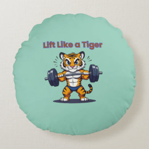 **Strong Tiger – Cute Tiger Lifting Weights Illust Round Cushion
