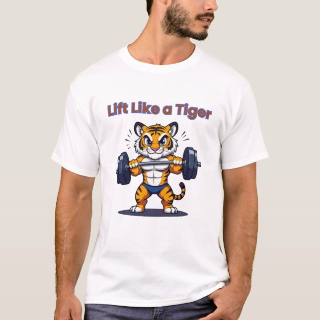 **Strong Tiger – Cute Tiger Lifting Weights Illust T-Shirt (Front)
