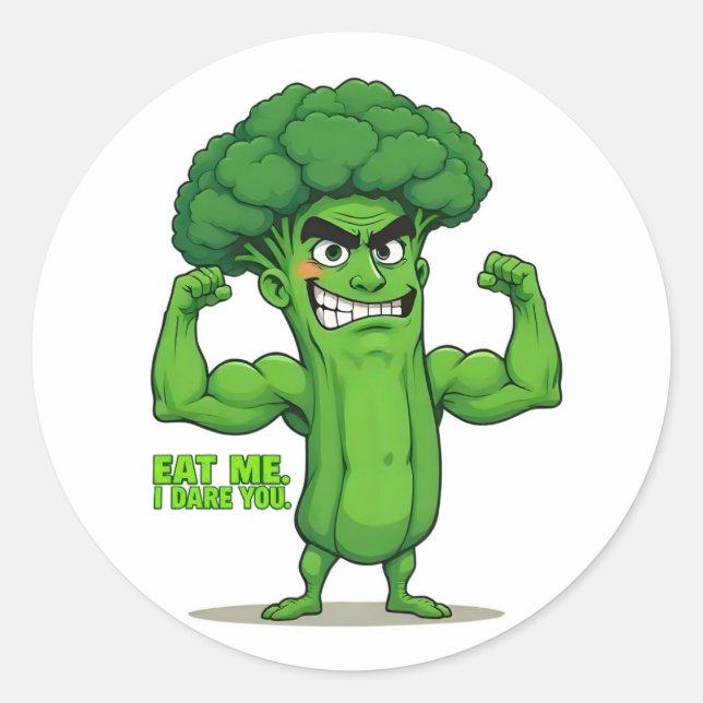 Strong Veggies Club-Flexing Broccoli Funny Cartoon Classic Round Sticker (Front)