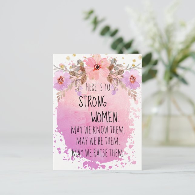 Strong Woman Pink Lilac Floral Glitter Motivation Postcard (Standing Front)