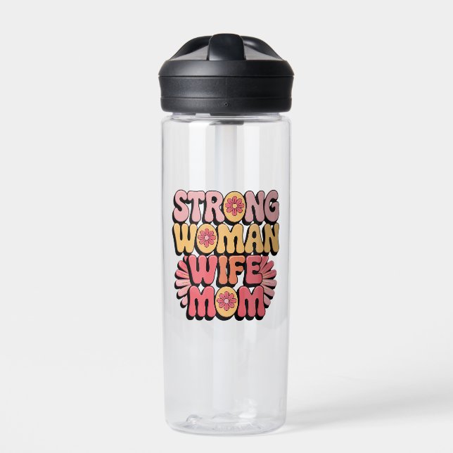 Strong Woman Wife Mum Retro Floral Typography Water Bottle (Front)