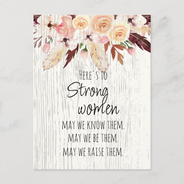 Strong Women Boho Pink Floral Feather Wood Effect  Postcard (Front)