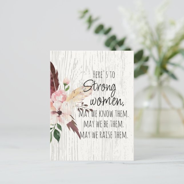 Strong Women Quote Floral Feather Wood Effect Postcard (Standing Front)
