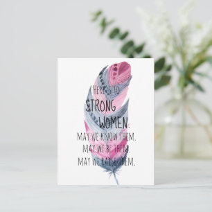 Strong Women Watercolor Pink Grey Boho Feather Postcard
