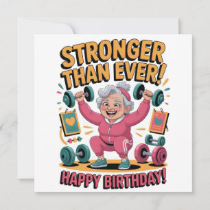 Stronger Than Ever Birthday Fitness Cartoon Holiday Card