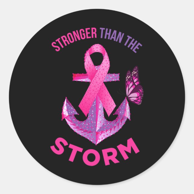 Stronger Than The Storm Fight Breast Cancer Ribbon Classic Round Sticker (Front)