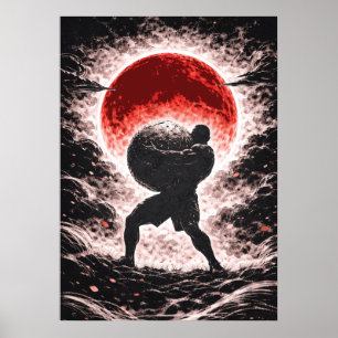 Strongman Lifting Atlas Stone in Red Moon Poster
