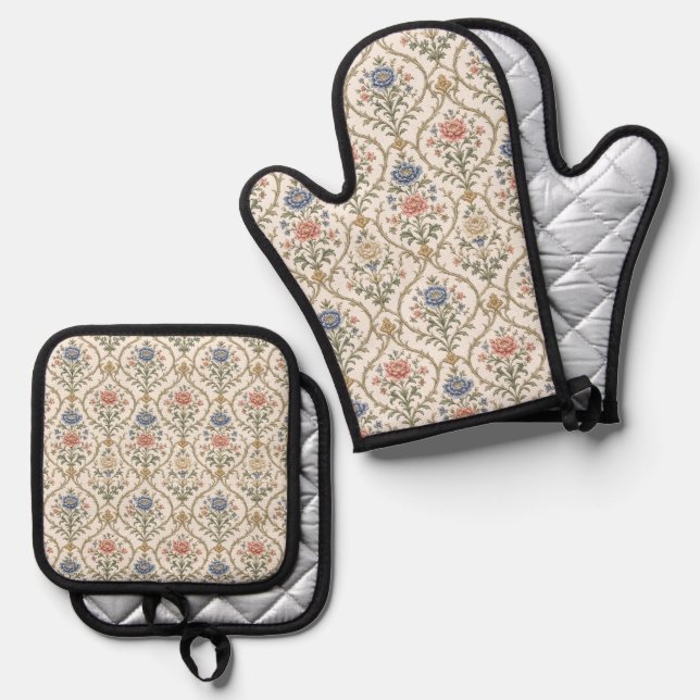 Structured Sophisticated Floral Trellis Oven Mitt & Pot Holder Set (Front/Back)